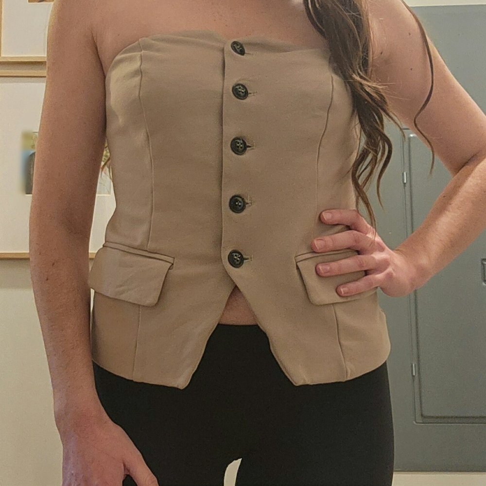Tan Strapless Button-Up Top With Pockets